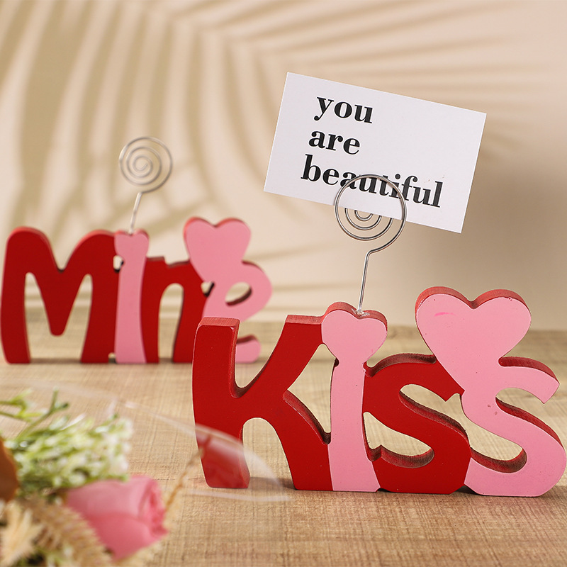 Wooden Letter Ornament Valentine's Day Red Pink Love Mine Kiss Table Decoration With Metal Photo Clip For Wedding Home Tabletop Decor