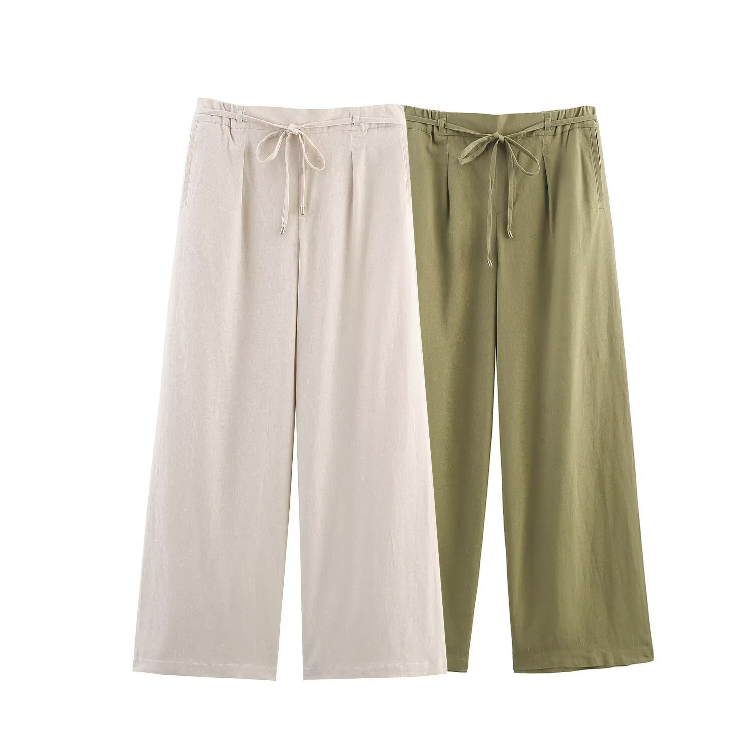 Women's Linen Wide Leg Pants High Waisted Drawstring Elastic Waist Casual Loose Breathable Solid Color Long Trousers With Pockets For Summer Daily Vacation