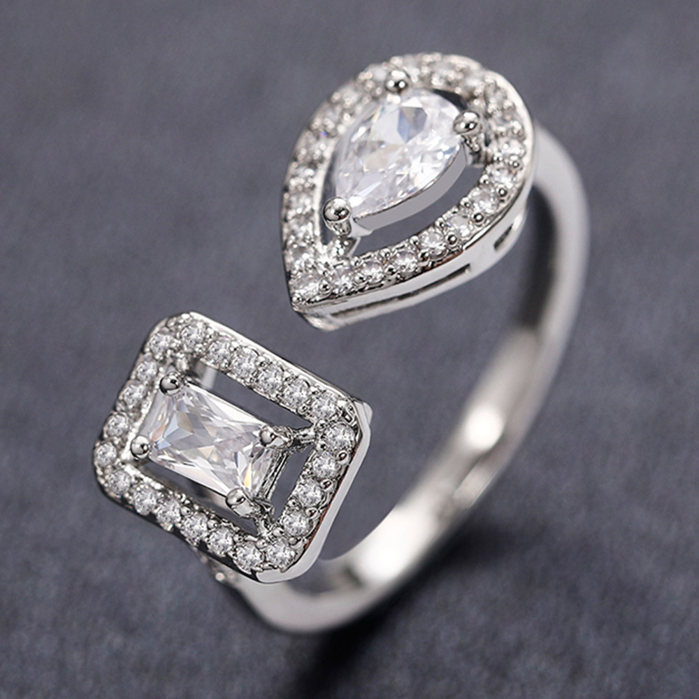 Geometric Open Ring Copper Cubic Zirconia Pear Rectangular Adjustable Elegant Luxury Jewelry For Women