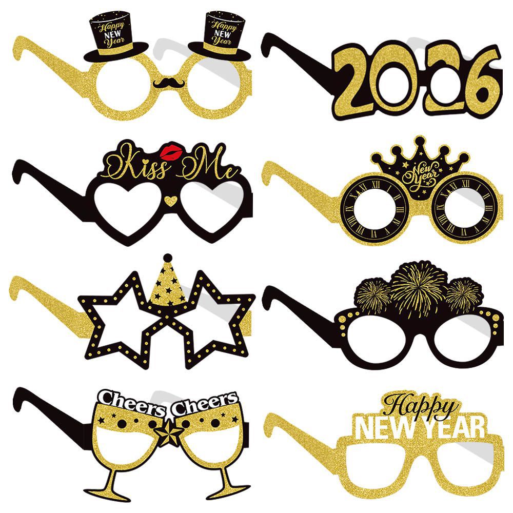 8Pcs 2026 New Year Party Glasses Paper Glitter Black Gold Happy New Year Photo Booth Props For Eve Countdown Celebration Decorations