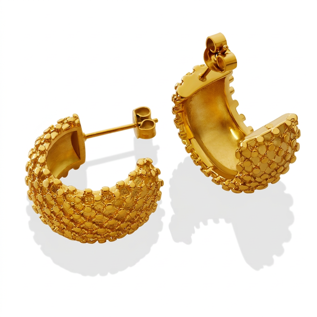 C-Shaped Hoop Earrings Surgical Titanium Steel Gold Plated Rhombic Beaded Texture Zirconia Vintage Fashion Jewelry