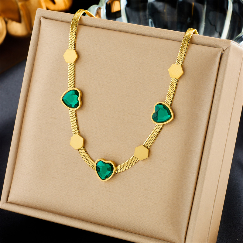 Heart Pendant Necklace Gold Plated Stainless Steel Snake Bone Chain Green Zircon Hexagon Charm Jewelry For Women