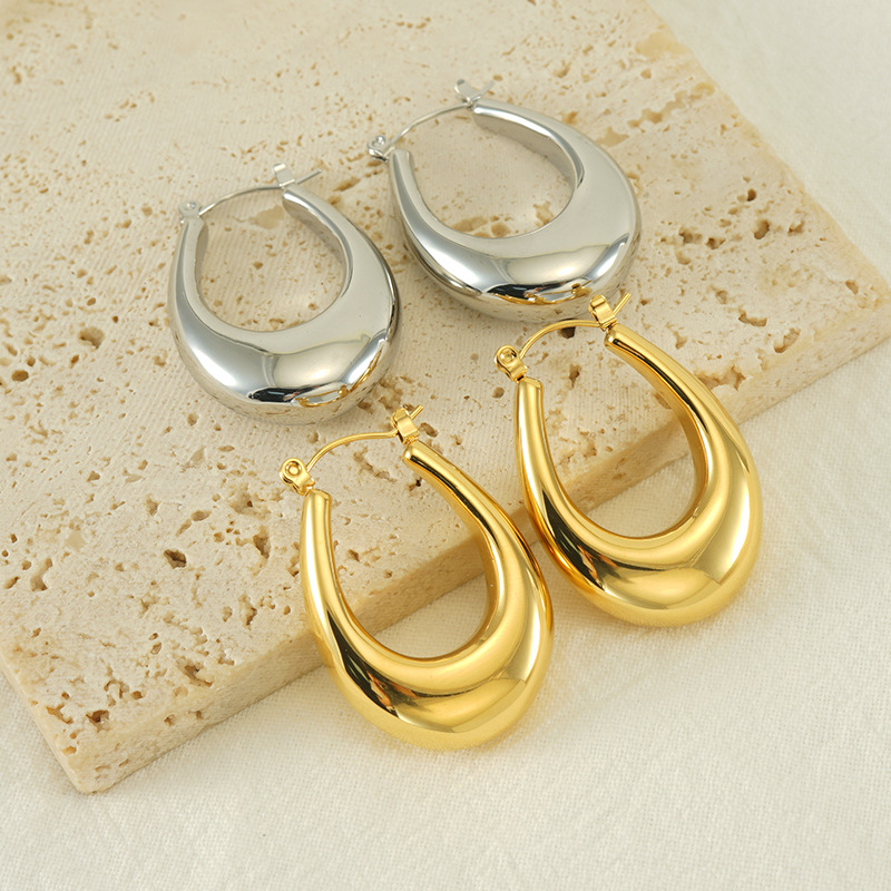 Minimalist Thick U-Shaped Teardrop Stainless Steel Hoop Earrings High Polished Gold Silver Metal Earrings For Women Daily Wear Jewelry