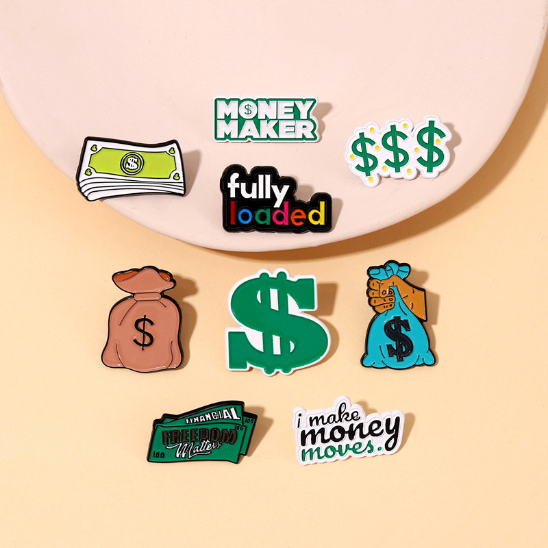 Creative Money Maker Enamel Pins Financial Freedom Dollar Sign Money Bag Alloy Brooch Badges For Backpack Jackets Clothing Decoration For Men Women