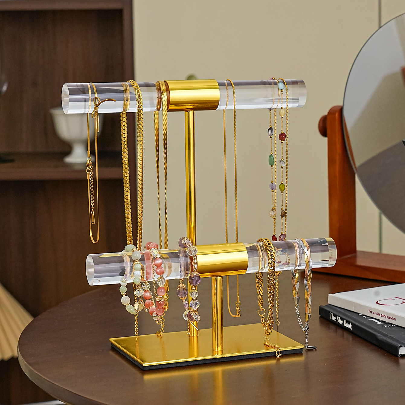 Luxury T-Bar Jewelry Display Rack Gold Stainless Steel Acrylic Necklace Holder Stand For Bracelets Watches Dresser Home Storage Organization
