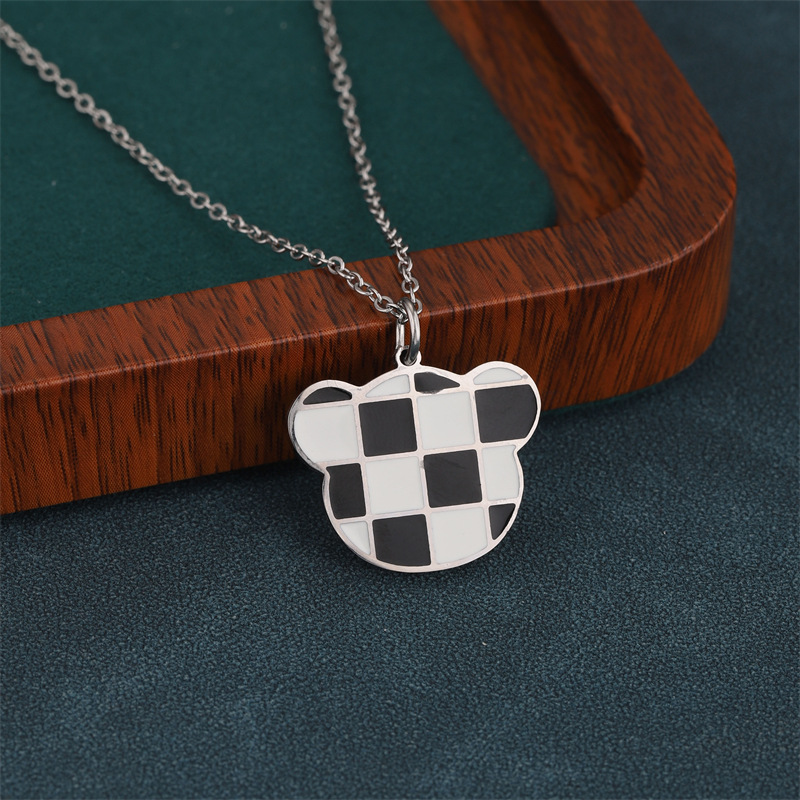 Bear Pendant Necklace Stainless Steel Checkerboard Black White Enamel Hip Hop Style Jewelry For Women