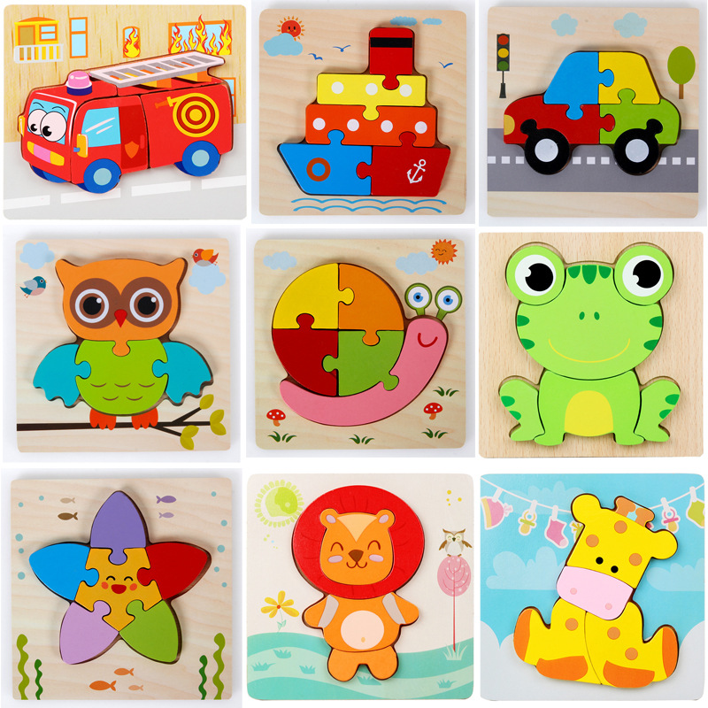 Wooden 3D Puzzle Montessori Educational Toys For Toddlers Animals Vehicles Early Learning Hand Eye Coordination Gift