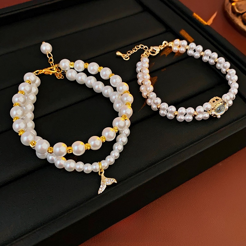 Real Gold Plated Moonstone Fish Tail Pearl Bracelet Vintage Bangle Versatile Jewelry