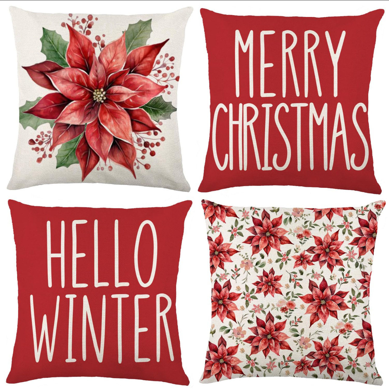 Christmas Poinsettia Pillow Covers Linen Blend Red Floral Merry Christmas Hello Winter Decorative Cushion Case For Sofa Home