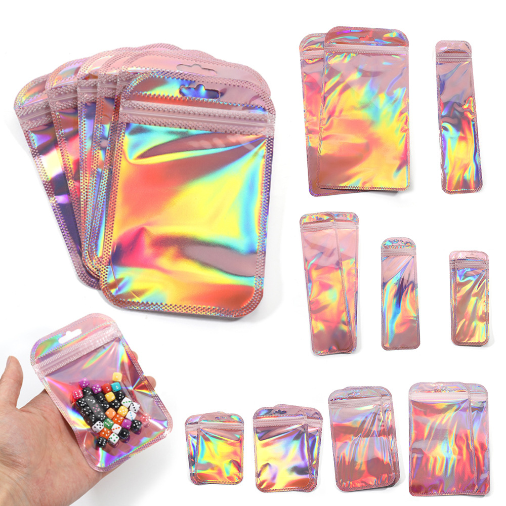 Holographic Ziplock Bags Rainbow Laser Plastic Resealable Packaging Pouches For Jewelry Cosmetics Small Items Storage Smell Proof Thickened Clear Window With Hanging Hole
