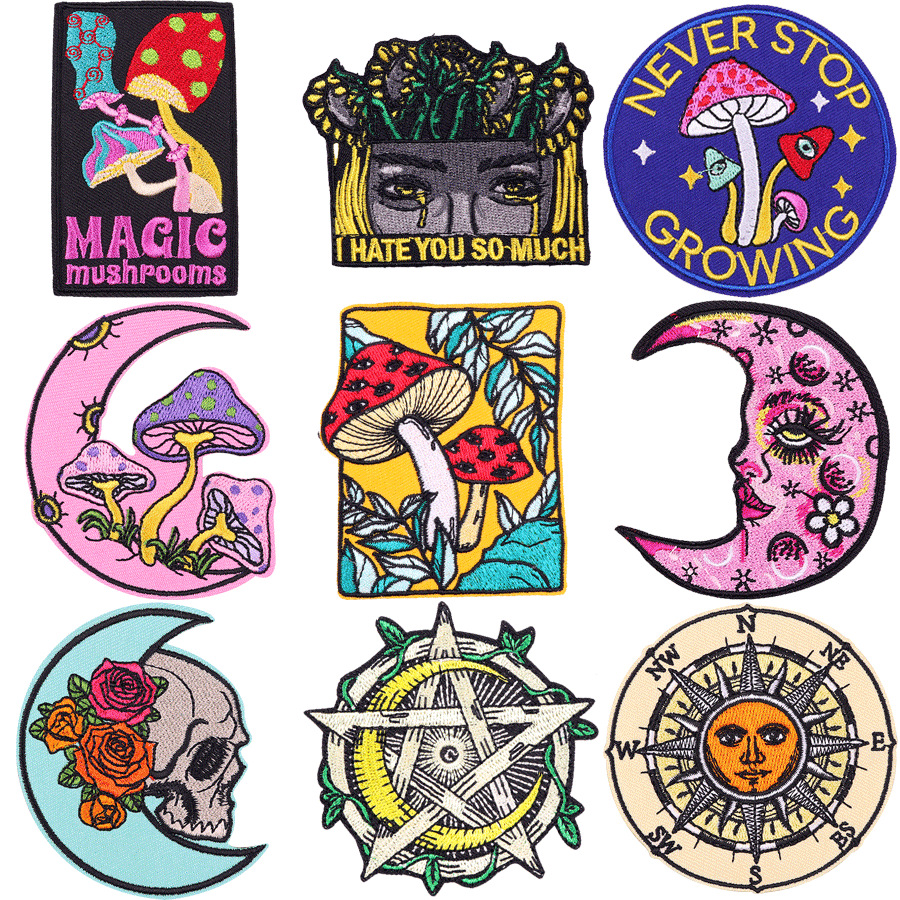 Punk Moon Mushroom Embroidered Patches Set Hot Melt Adhesive Iron On Patches For DIY Clothing Denim Jackets Backpacks Decoration Hippie Surrealist Badges