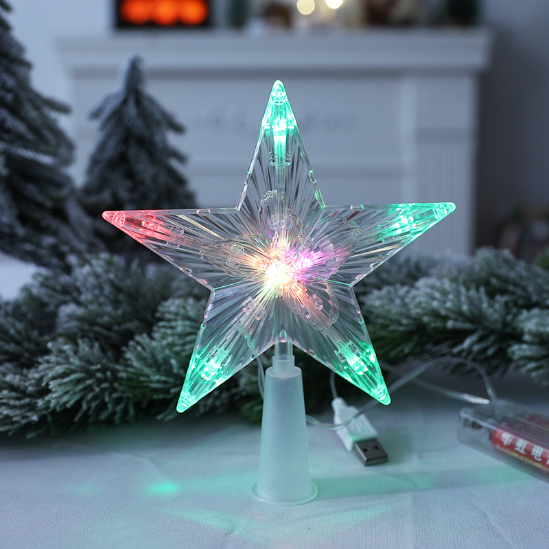 LED Christmas Tree Topper Multicolor Glowing Star Light Clear Plastic Pentagram Decoration With USB Battery Box Dual Power Supply For Holiday Home Party Xmas Tree Ornaments
