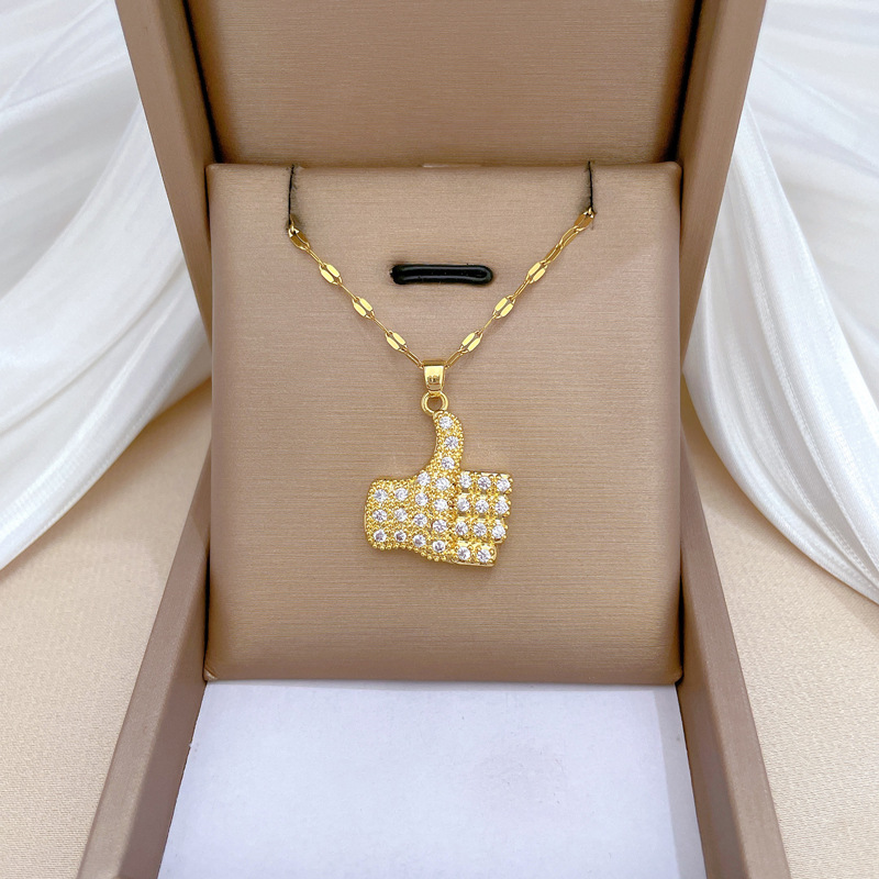 Thumbs Up Gesture Pendant Necklace Stainless Steel Chain Copper Full Rhinestones For Women Versatile Clavicle Chain