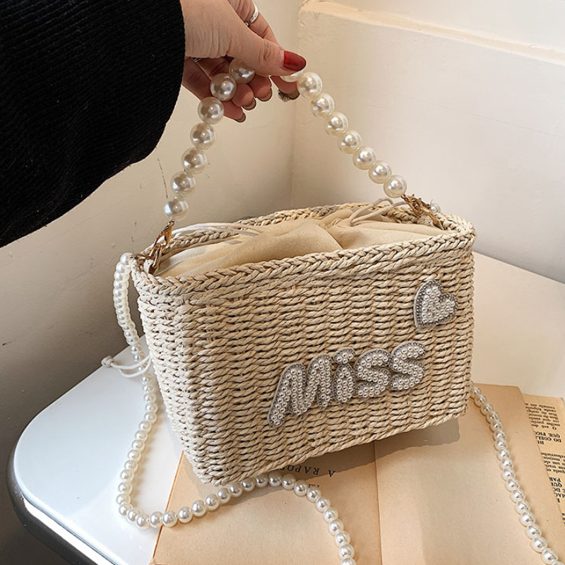 Women Mori Style Straw Woven Handbag With Pearl Handle And Crossbody Chain Miss Letter Heart Decor Summer Beach Vacation Shoulder Bag