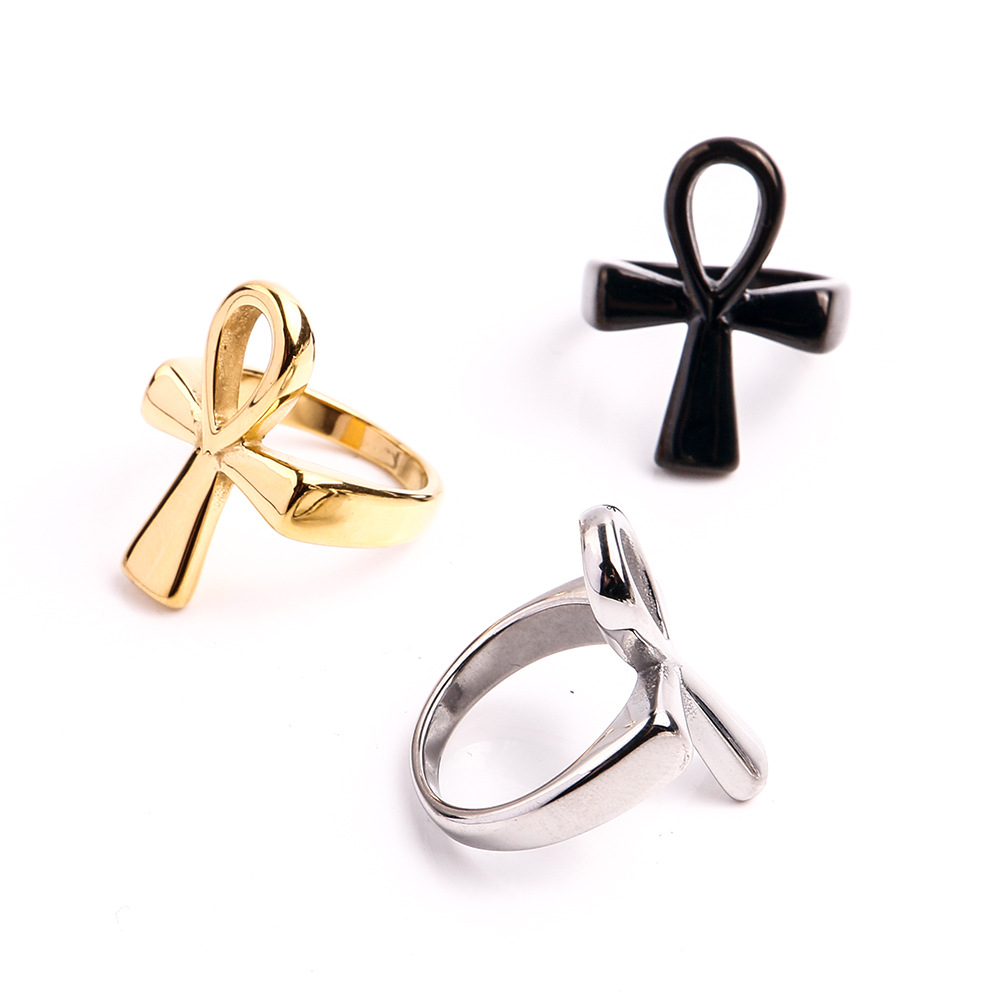 Ankh Cross Ring Stainless Steel Ancient Egyptian Key Of Life Hollow Simple Gothic Punk Jewelry For Men Women