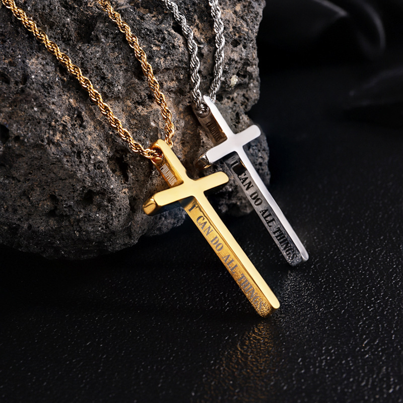 Stainless Steel Cross Pendant Necklace For Men Vintage Side Engraved Bible Verse I Can Do All Things Religious Jewelry With Twist Chain Daily Gift
