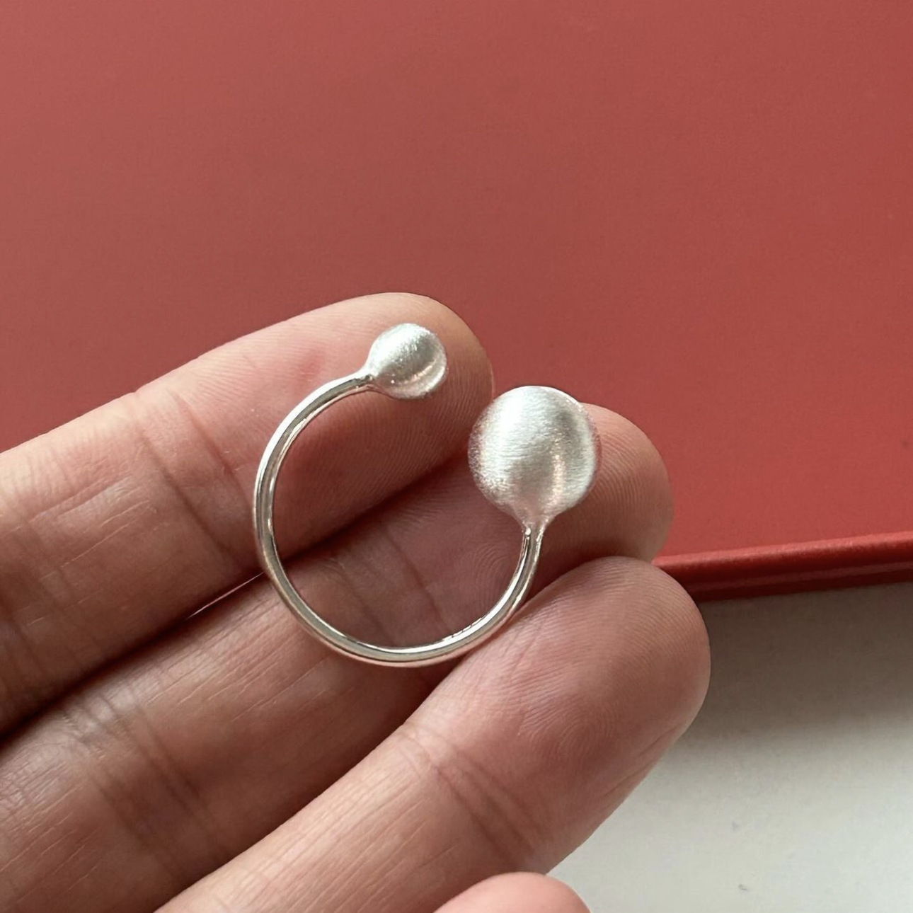 S925 Sterling Silver Ring Minimalist Brushed Round Beads Double Ball Open Adjustable Ring Geometric Jewelry For Women Daily Wearing
