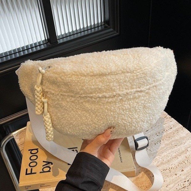 Women's Plush Chest Bag Soft Lamb Wool Waist Pack Minimalist Solid Color Functional Crossbody Shoulder Bag For Daily Travel Fashionable Fanny Pack With Adjustable Strap