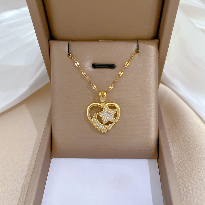 Heart Moon Star Pendant Necklace Stainless Steel Chain Copper Zircon Micro Inlaid Clavicle Chain Elegant For Women