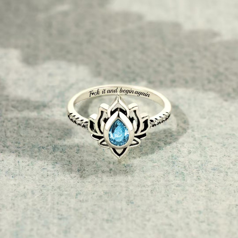 Vintage Lotus Flower Ring Silver Plated Copper Pear Cut Zirconia Water Drop Ring For Women Retro Engraved Quote Fuck It And Begin Again Boho Jewelry