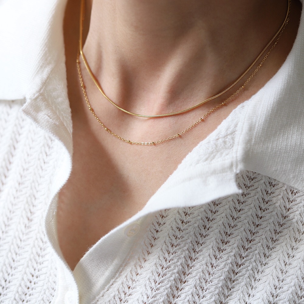 Double Layer Necklace Titanium Steel 18K Gold Plated Minimalist Snake Chain And Satellite Beaded Chain Elegant Necklaces