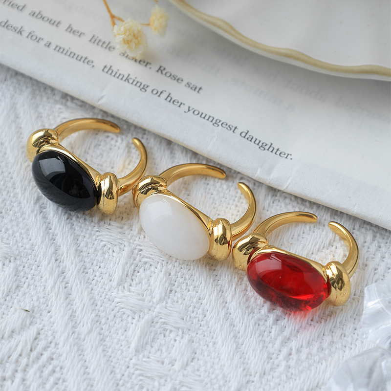 Oval Gemstone Ring Stainless Steel Gold Plated Adjustable Open Ring Retro Luxury Knot Design Jewelry For Women