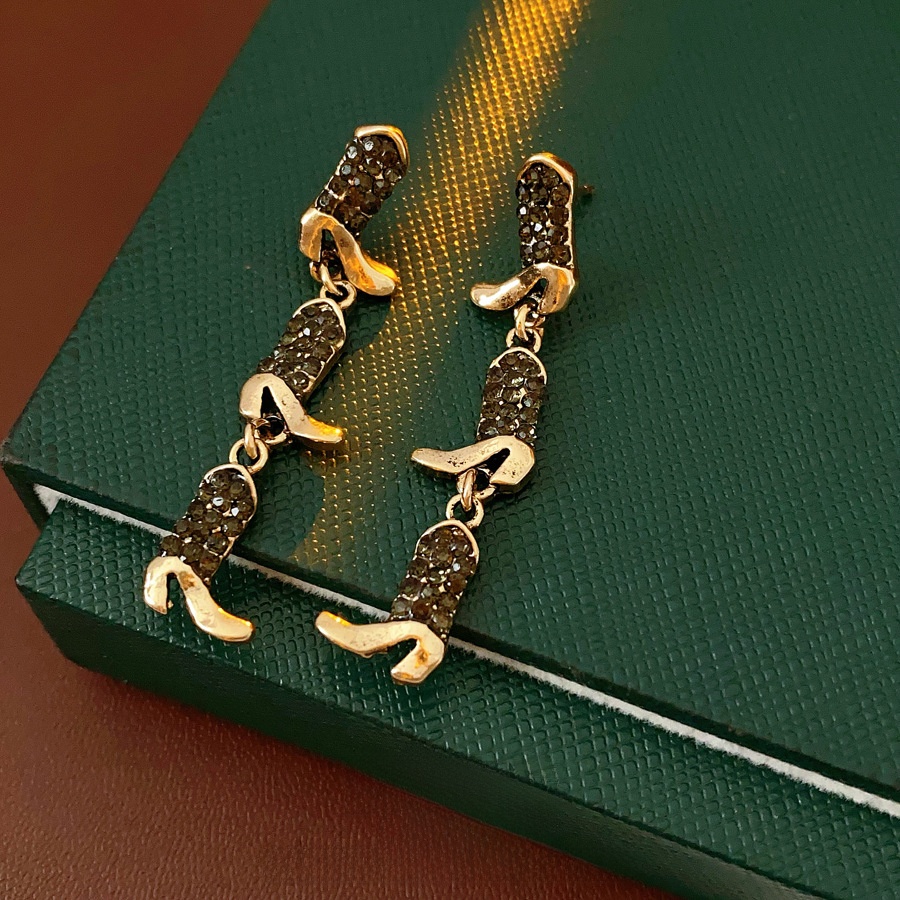 Vintage Luxury Gold Plated Copper Triple High Heel Boot Dangle Earrings With Black Rhinestone For Women Fashion Party Jewelry Gift Accessory
