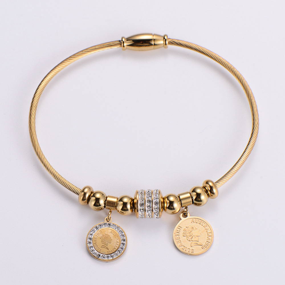 Stainless Steel Wire Wrapped Bracelet With Queen Elizabeth II Coin Pendants Pavé Rhinestone Bead Magnetic Clasp Jewelry