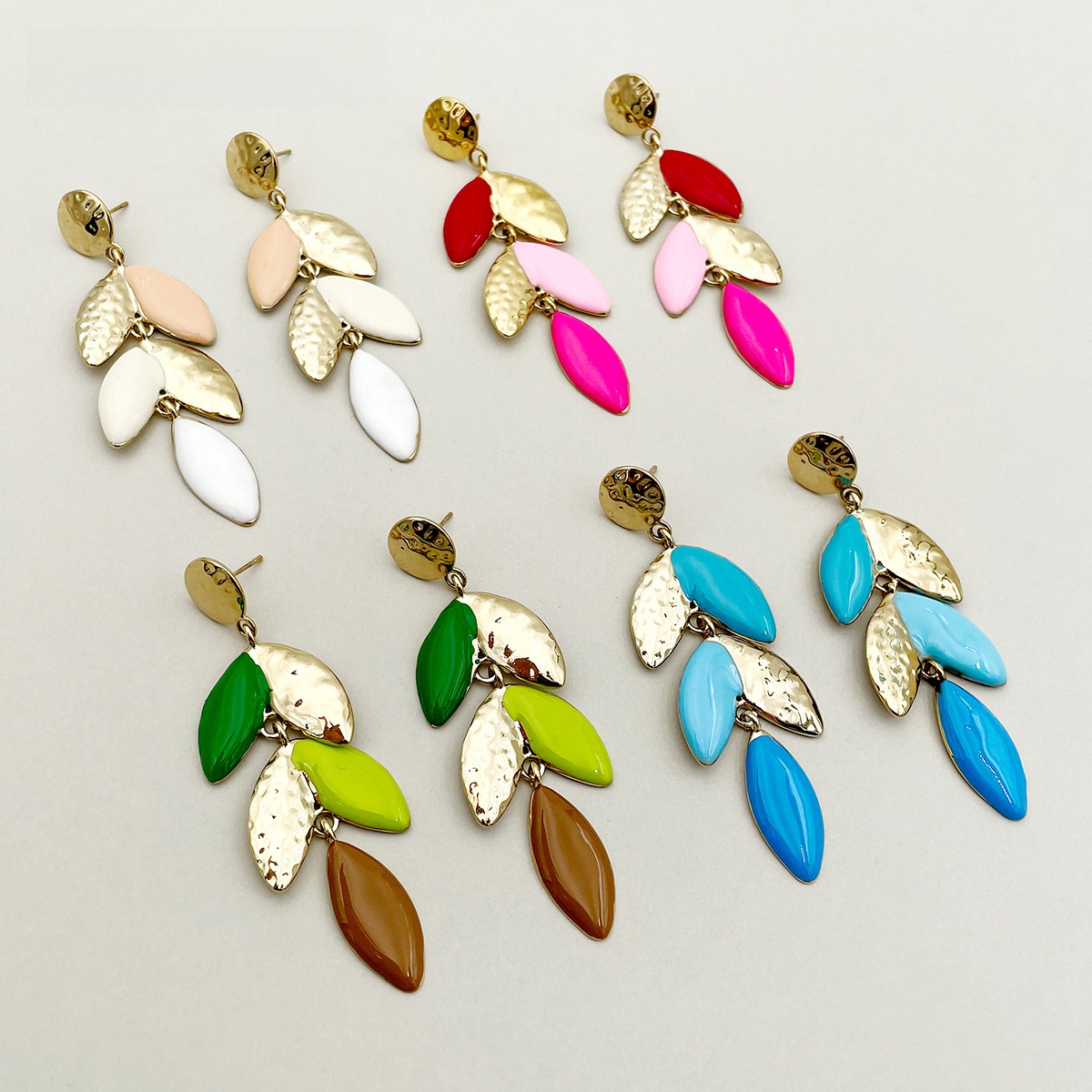 Leaf Drop Earrings Stainless Steel Long Enamel Multi Layer Hammered Texture Nature Inspired Fashion Jewelry For Women