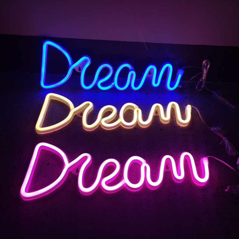 LED Dream Neon Sign Light USB Battery Operated Pink Blue Warm White Night Lamp For Bedroom Party Home Decor Wall Hanging Aesthetic Atmosphere Lamp