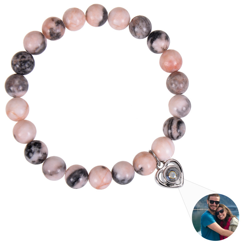 Personalized Photo Projection Bracelet Natural Stone Beaded Heart Pendant Custom Image Jewelry For Women Men Couples Valentines Day Gift