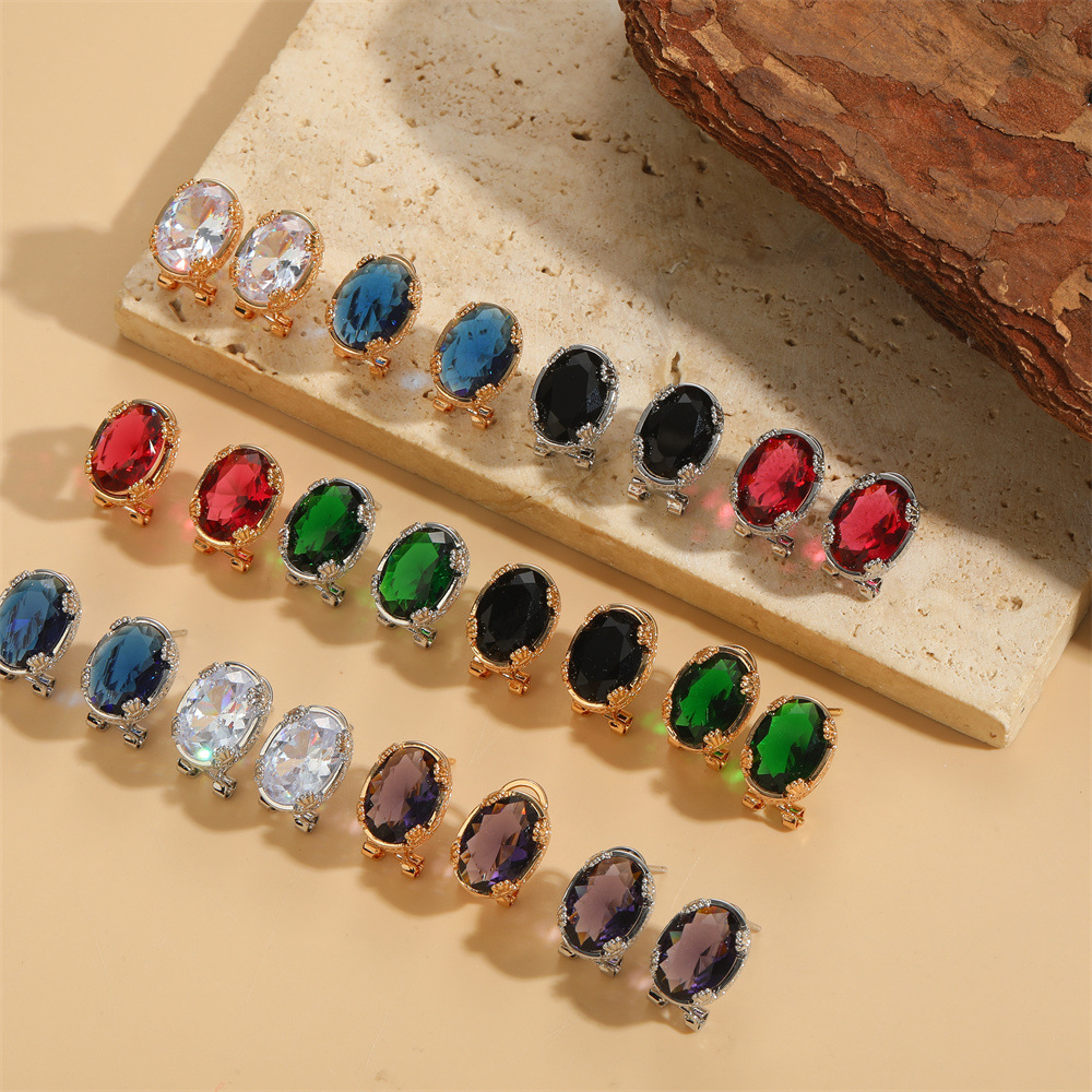 French Retro Oval Crystal Zircon Earrings Copper Vintage Colorful Gemstone Ear Jewelry For Women