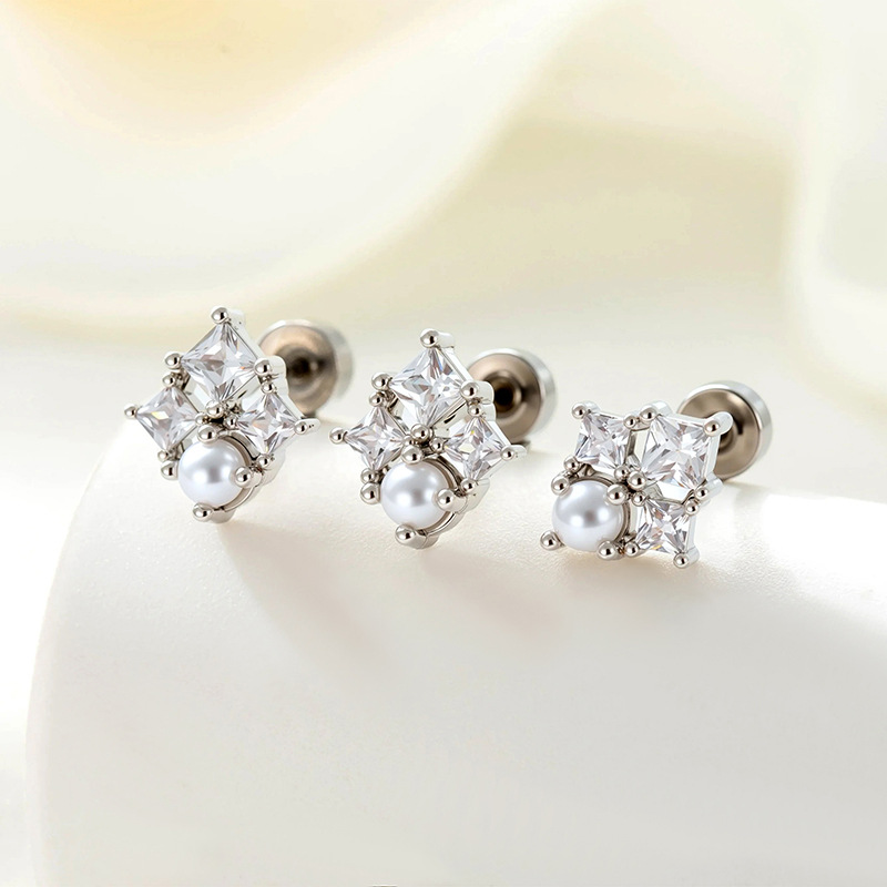 Titanium Steel Copper Zirconia Pearl Ear Cartilage Studs Screw Back Rhombic Rhinestone Flat Back Piercing Earrings For Women Elegant Jewelry
