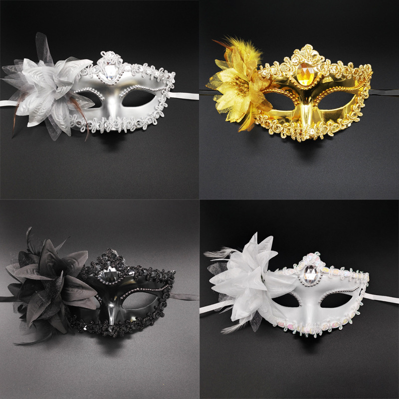 Venetian Masquerade Mask With Lily Flower Feather Rhinestone Half Face Electroplated Plastic Mask For Halloween Costume Party Carnival Wedding Women Accessories