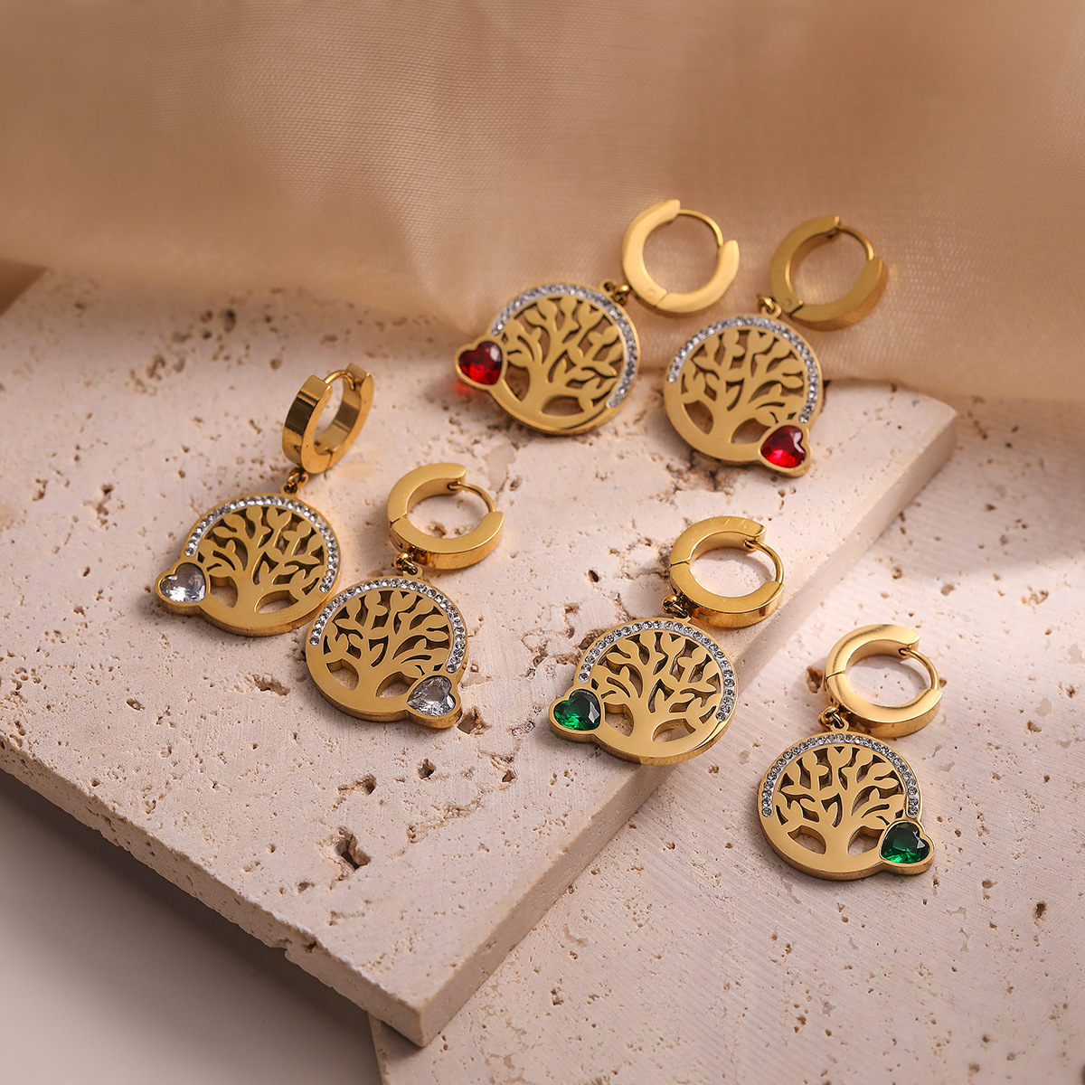 Tree Of Life Hoop Earrings 18K Gold Plated Stainless Steel Heart Cubic Zirconia Hollow Jewelry For Women Commuter
