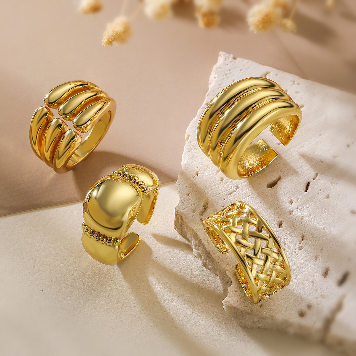 Adjustable Open Rings For Women Gold Plated Copper Wide Band Niche Design Irregular Textured Minimalist Vintage Jewelry