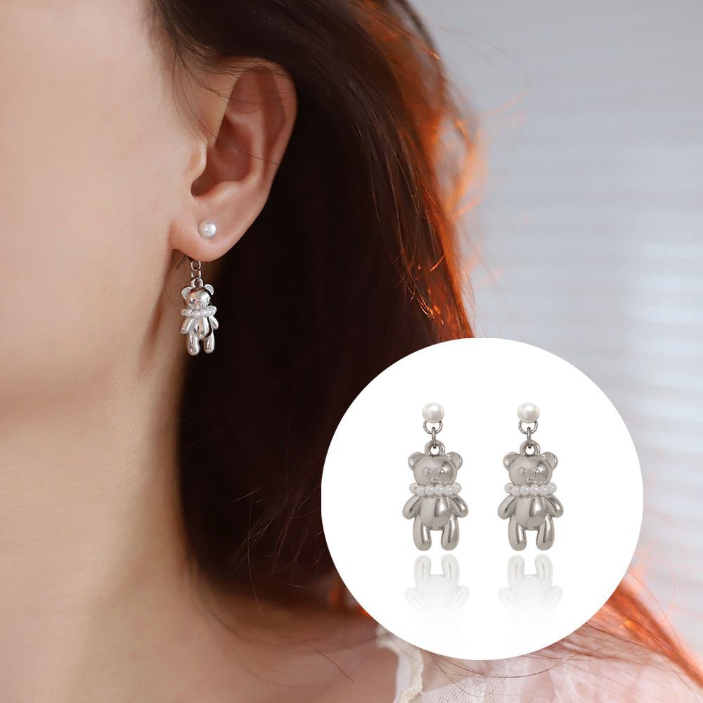 Titanium Steel Cute Bear Earrings With Stainless Steel Earring Post And Imitation Pearl Versatile Style Jewelry