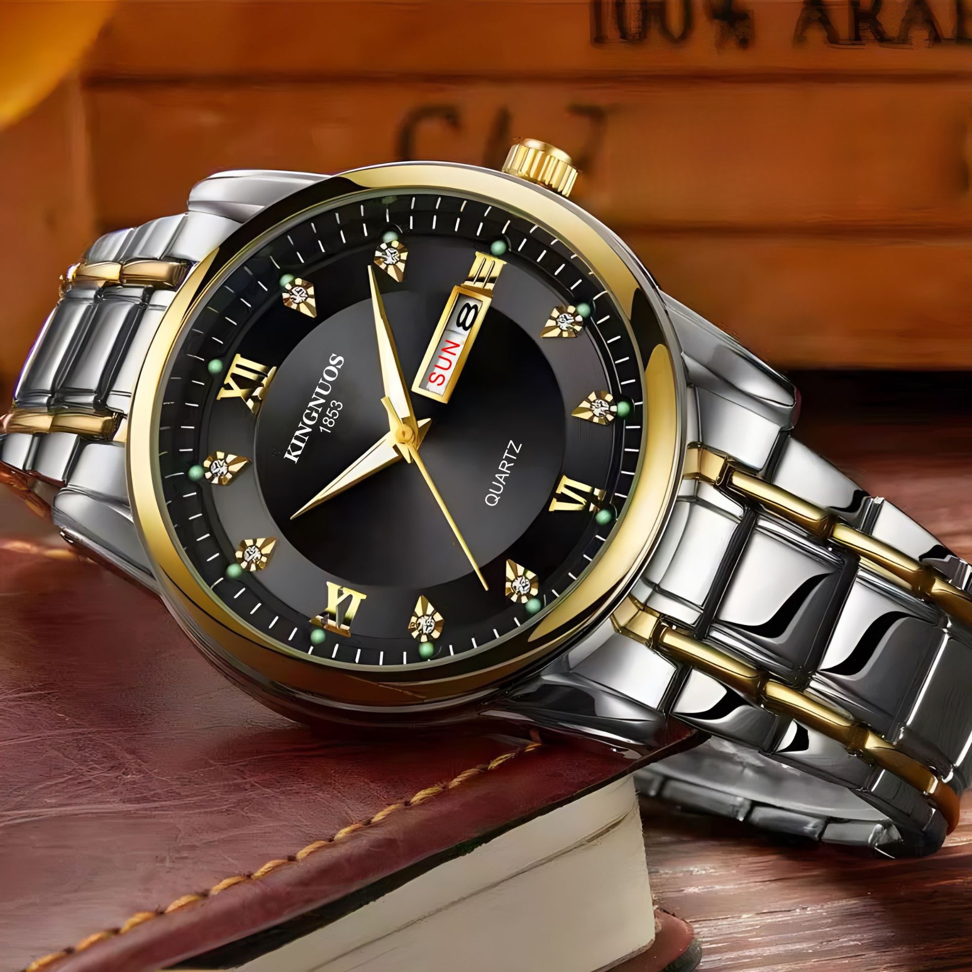 Men's Quartz Watch Two-Tone Gold Silver Alloy Stainless Steel Luminous Double Calendar Week Date Display Waterproof Business Casual Luxury Wristwatch