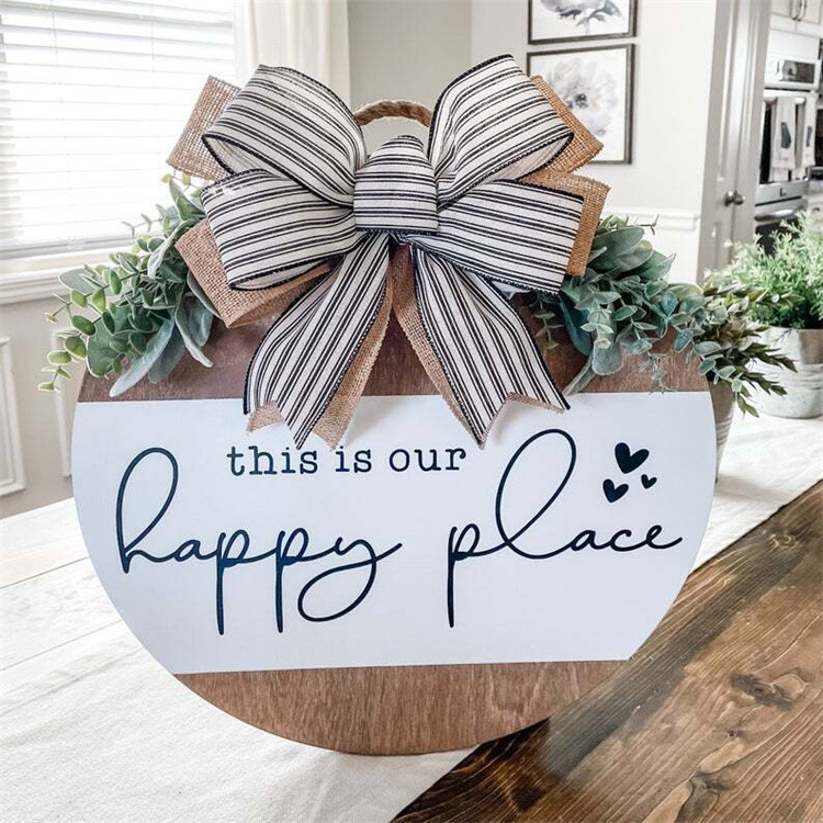 Round Wooden Welcome Hanging Sign With Bow Artificial Eucalyptus Cotton Plants For Front Door Wall Decor Farmhouse Happy Place Home Decoration