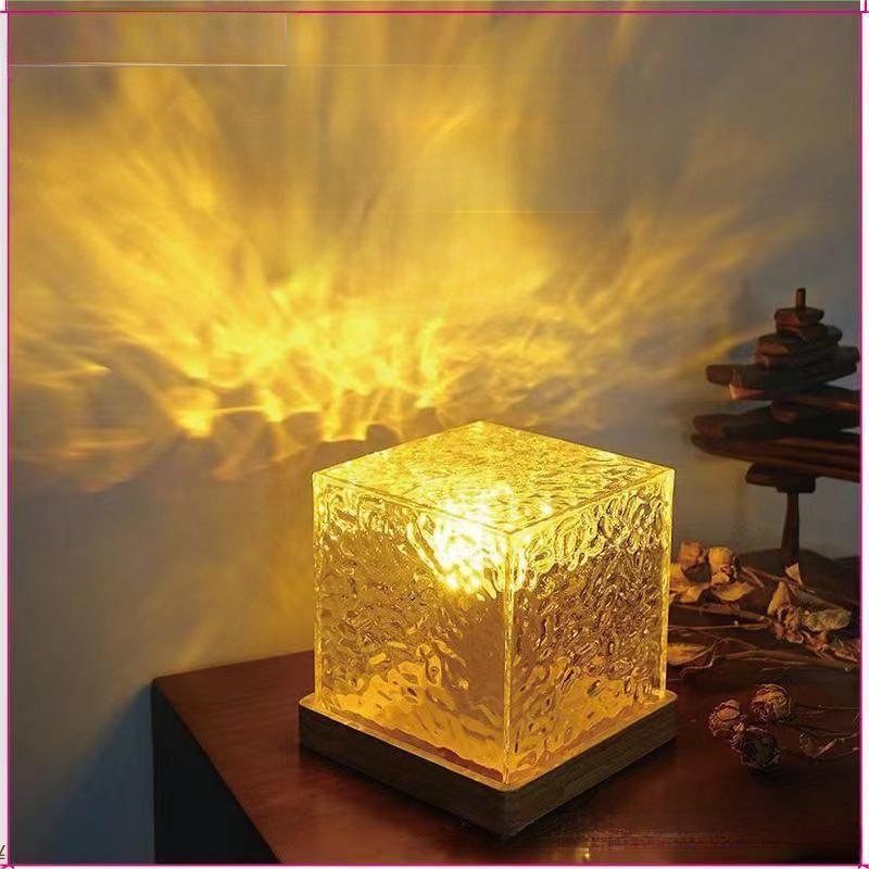 Dynamic Water Ripple Projector Night Light Rotating Acrylic Crystal Table Lamp With Wood Base 16 Colors RGB Romantic Atmosphere Aurora Lamp For Bedroom Decor Gifts