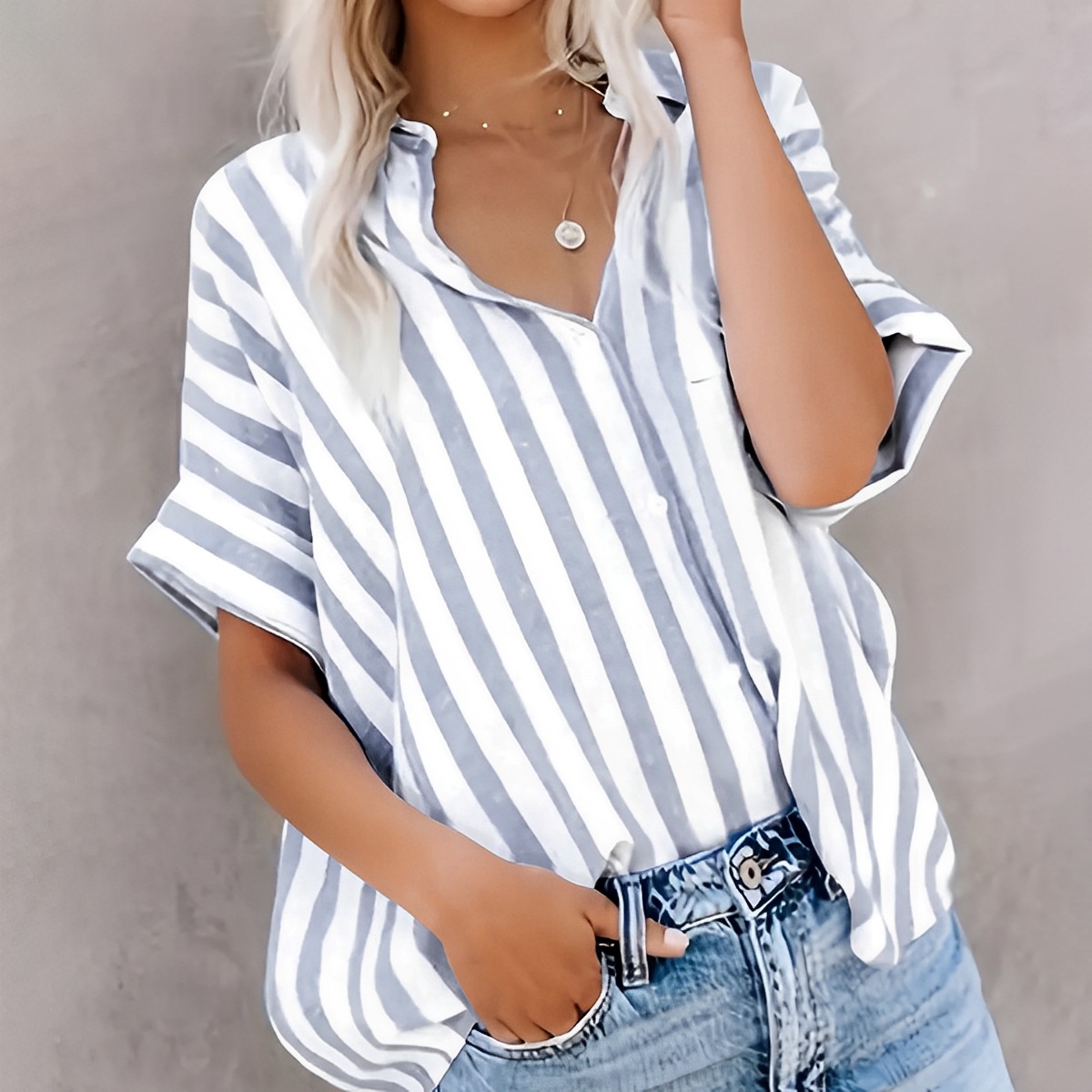 Women's Vertical Striped Short Sleeve Blouse Casual Button Down V Neck Loose Shirt Tops Summer Holiday Leisure Polyester Apparel