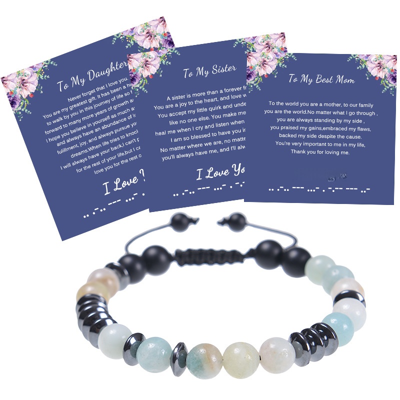 Morse Code Bracelet Handmade Natural Amazonite Tiger Eye Stone Adjustable Braided Rope Jewelry With Gift Card For Mom Daughter