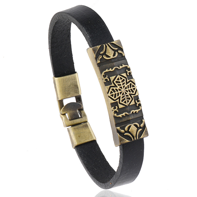 Vintage Cowhide Leather Bracelet Alloy Bronze Plaque Geometric Carved Celtic Knot Retro Punk Bangle Unisex Jewelry
