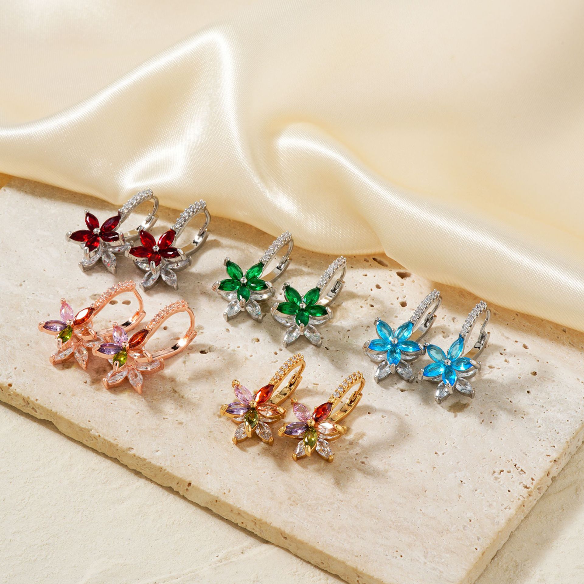 Lotus Flower Huggie Hoop Earrings Copper Marquise Zircon Colorful Vintage Jewelry Women Earring Post