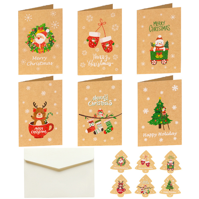 Merry Christmas Kraft Paper Greeting Card Set With Envelopes Stickers Retro Xmas Holiday Gift Message Cards