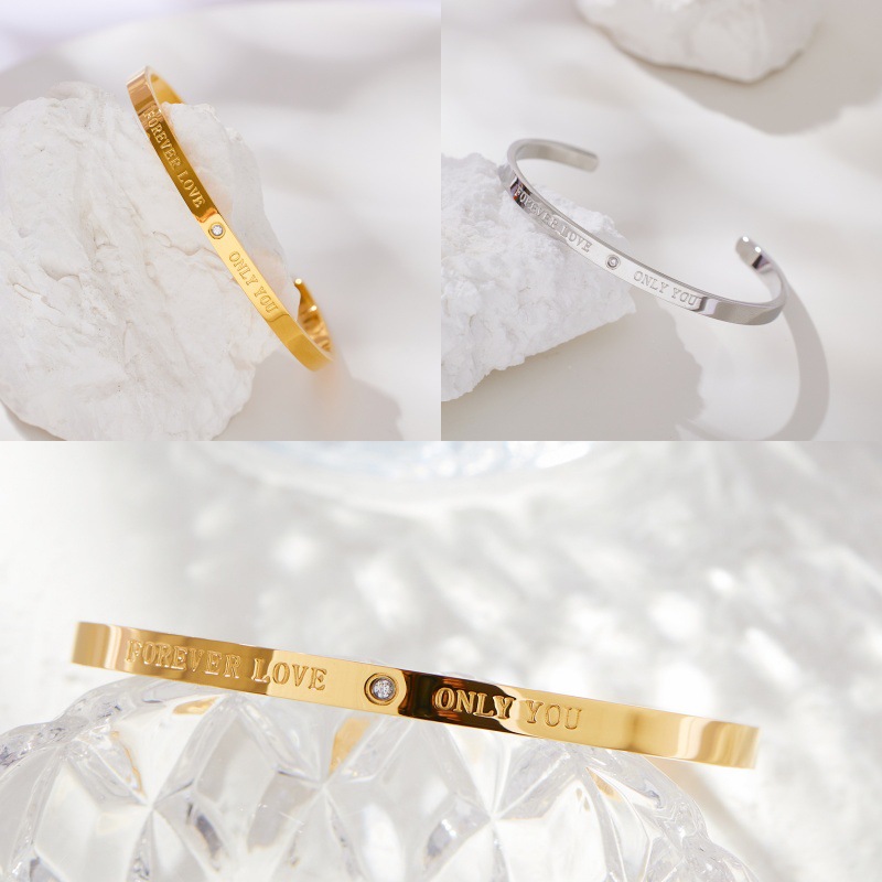 Engraved Forever Love Only You Stainless Steel Cuff Bracelet 18K Gold Plated Zirconia Open Bangle for Women ins Style Valentine's Day Jewelry Gift