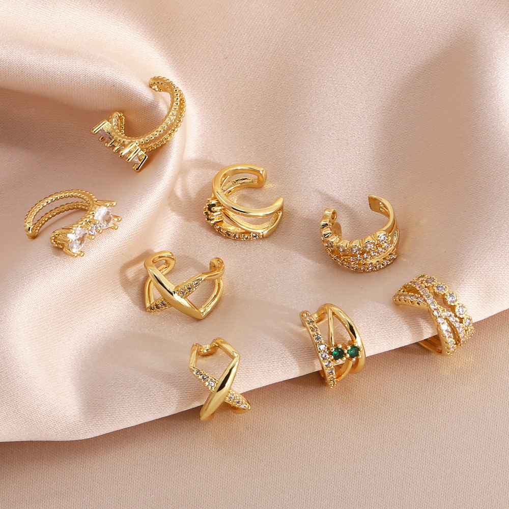 Zircon Gold Plated Copper Ear Cuffs For Women Non Piercing Geometric Elegant Clip On Jewelry Accessory
