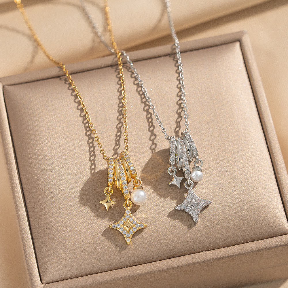 Fashion Stainless Steel Gold Silver Star Pearl Pendant Necklace For Women Luxury Zirconia Eight-Pointed Star Solid Star Necklace Jewelry