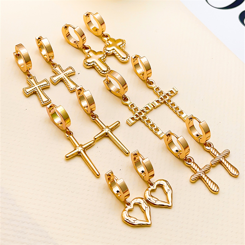 Cross Heart Pendant Hoop Earrings Stainless Steel Gold Plated Minimalist Fashion Jewelry For Women Men