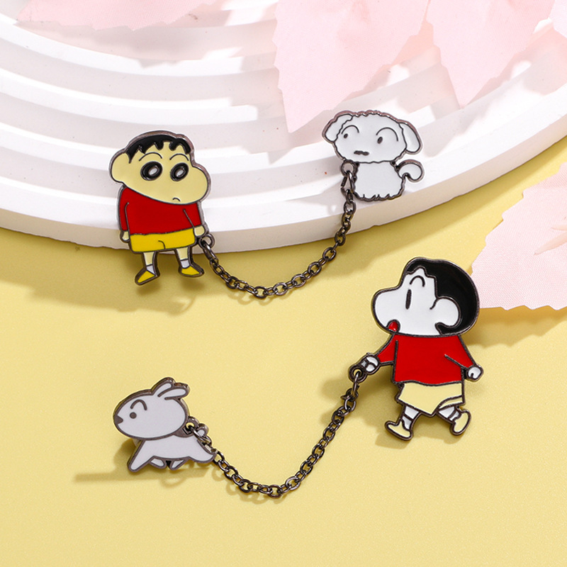 Cartoon Character Enamel Brooch Pin Set Alloy Drip Oil Animal Shape With Link Chain Clothing Bag Decoration Badge For Students Women Men Accessories